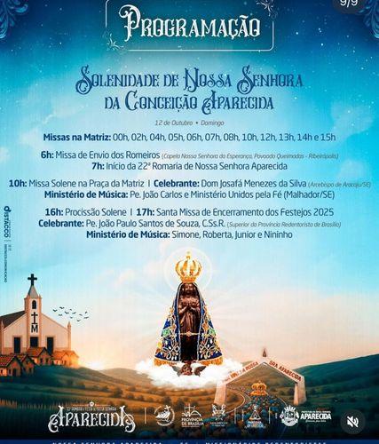 Fé e emoção: 22ª Romaria e Festa de Nossa Senhora Aparecida acontecem neste domingo em Aparecida (SE)